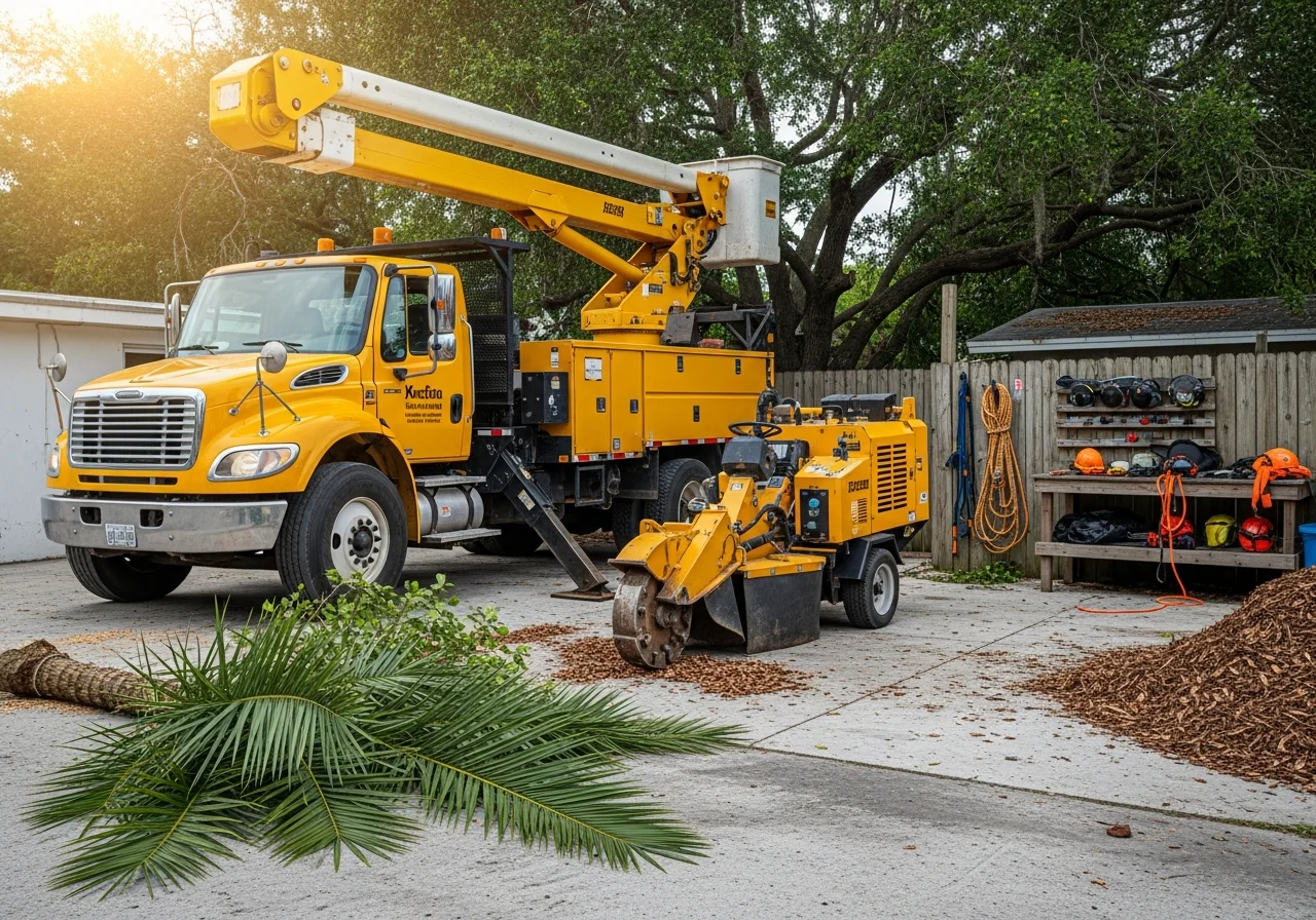 Professional tree service crew with bucket truck and grinding equipment ready for job site work.