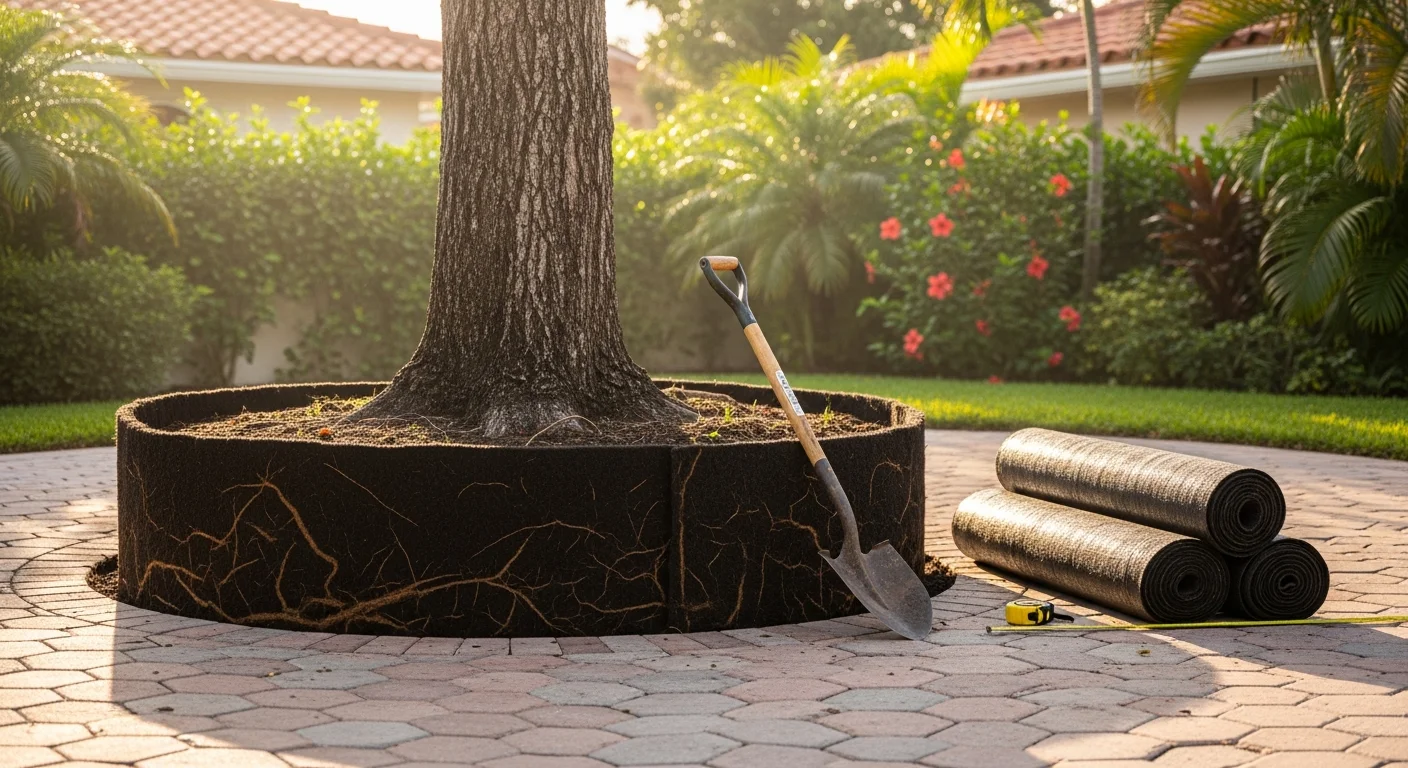 Arborist installing root barrier to protect property foundation