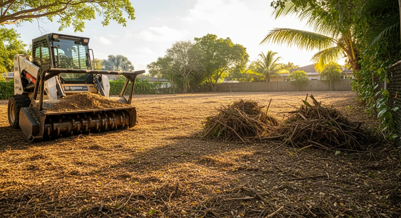 Heavy equipment clearing overgrown vegetation from residential property