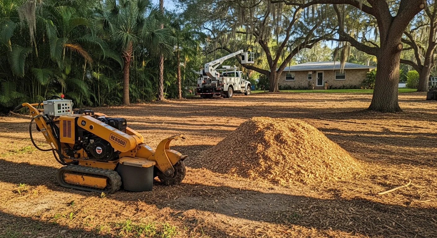 Professional arborist using bucket truck to trim large tree branches