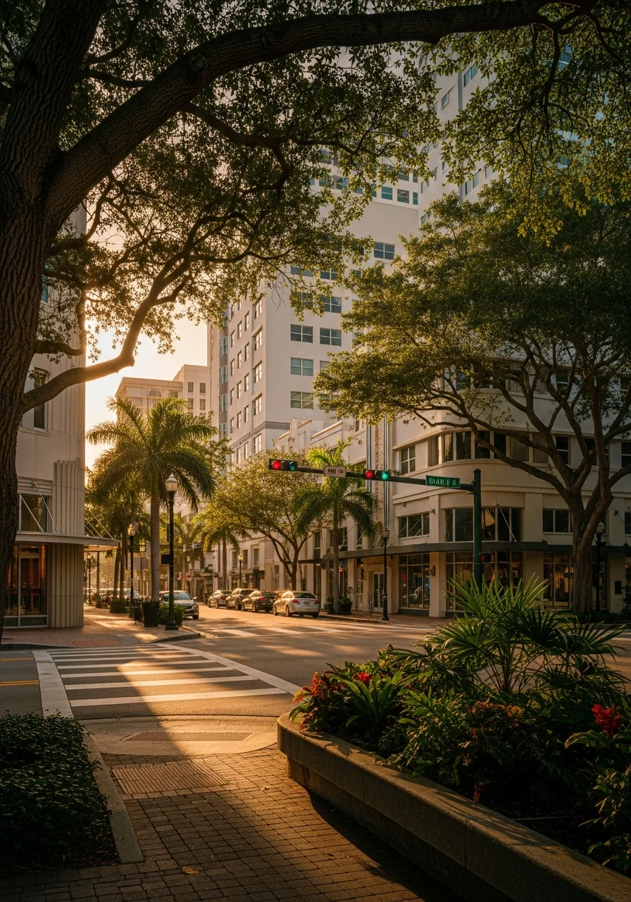 Downtown Fort Lauderdale street view with mixed-use buildings and urban landscape in daylight.