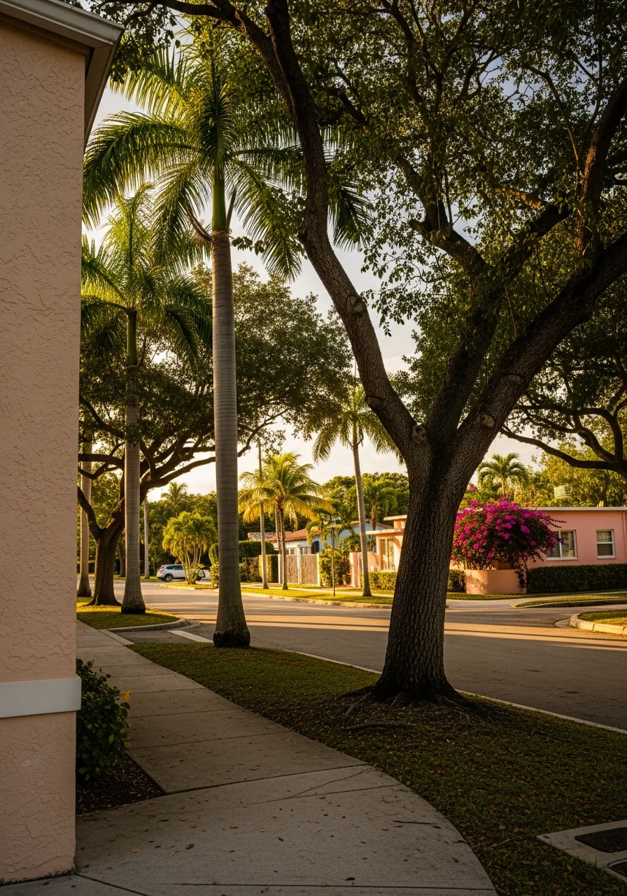 Miami neighborhood corner showing mixed architectural styles and palm-lined street in afternoon sun.