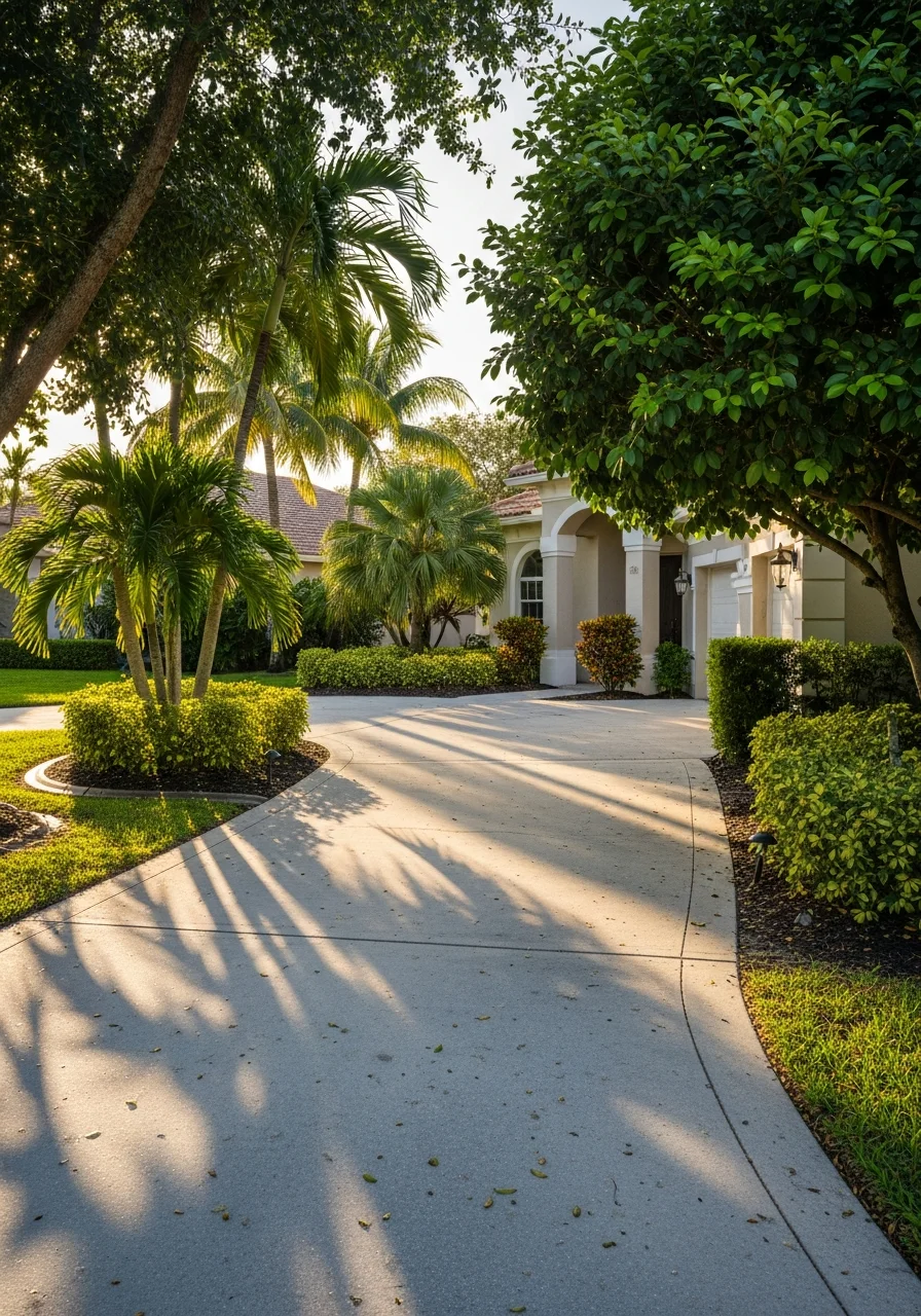Close-up of a Miramar home's entrance with landscaping and driveway in afternoon light.