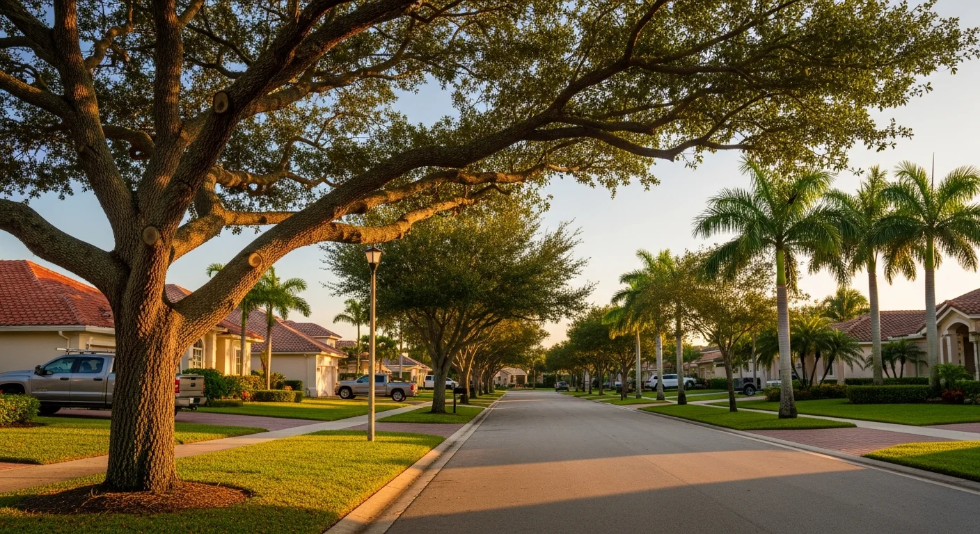 Residential street in Miramar with palm trees and well-maintained single-family homes under blue sky.