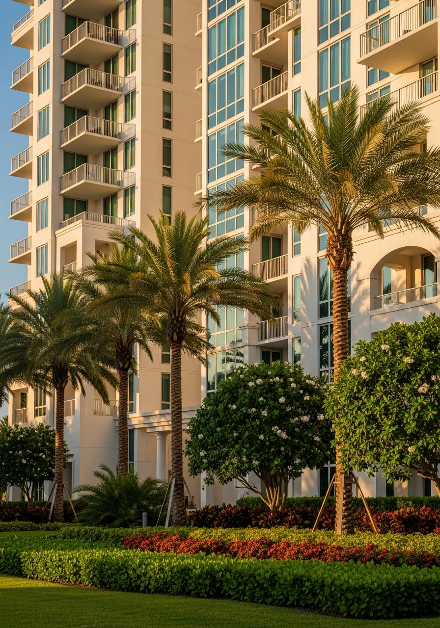 North Miami Beach condo or residential building exterior with tropical landscaping and clear sky.