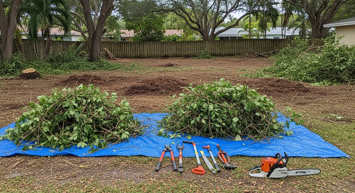 A Miramar residential backyard after brush removal, showing cleared ground with overgrown shrubs and vines fully cut back and hauled away. A Big Dawgs Tree crew member stands near the clean property line in a South Florida suburban setting.