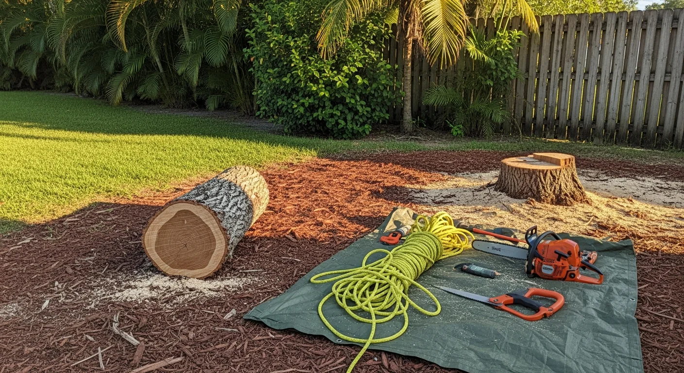 A certified arborist from Big Dawgs Tree performing sectional dead tree removal on a residential lot in Miramar, Florida. The crew works around a pool deck and fence line, with cut sections of the dead trunk stacked on the lawn.