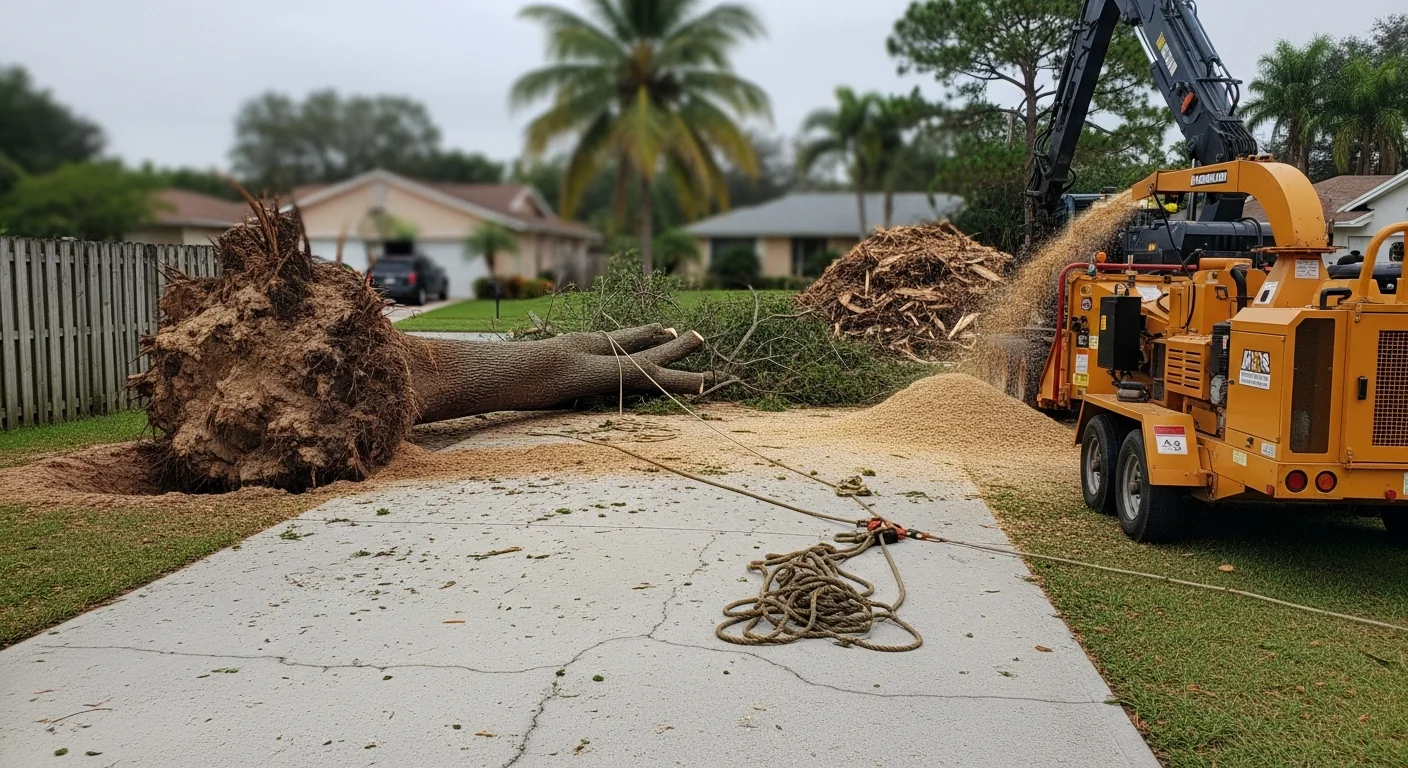 A Big Dawgs Tree crew removing a large storm-damaged tree from a residential property in Miramar, Florida. The tree has split near the base and is being sectioned away from the home's roofline and fence.