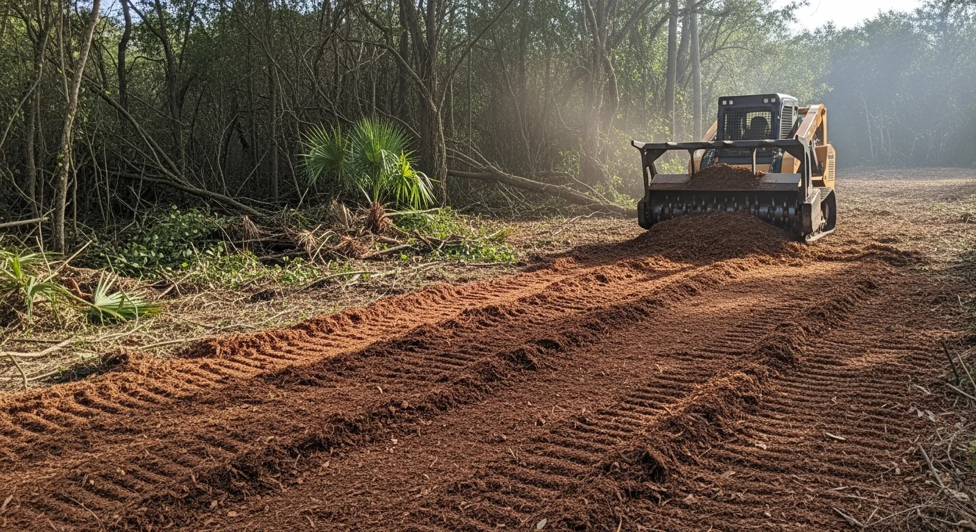 A tracked forestry mulching machine clearing dense brush and overgrowth on a residential lot in Miramar, Florida, leaving a flat ground-level mulch layer behind. The surrounding mature trees remain standing and undamaged after the clearing pass.