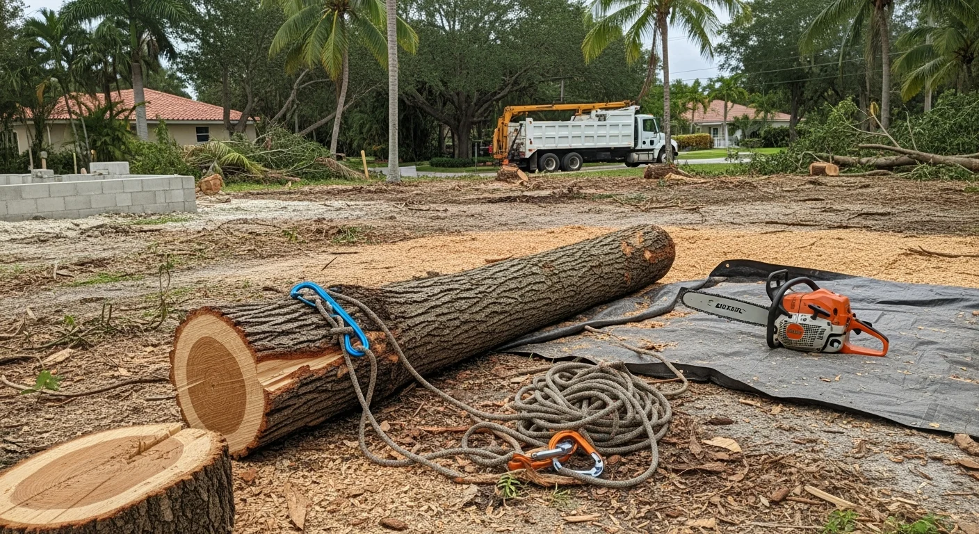 A large hazardous tree being removed in sections by an arborist using rigging equipment on a residential property in Miramar, Florida. The crew works near a single-family home with a cleared yard visible after debris removal.