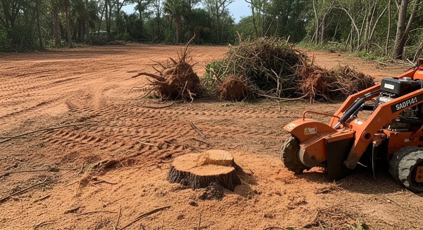 A freshly cleared residential lot in Miramar, FL with stumps ground to grade and brush fully removed. The open ground is level and ready for landscaping or construction work.