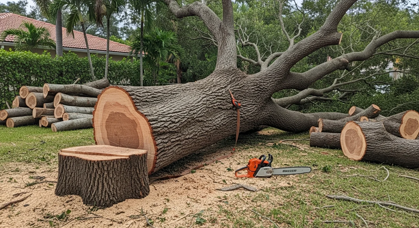 A large mature live oak being removed in sections by an arborist crew on a residential property in Miramar, Florida. The yard is roped off and equipment is positioned to protect the home and surrounding landscaping.