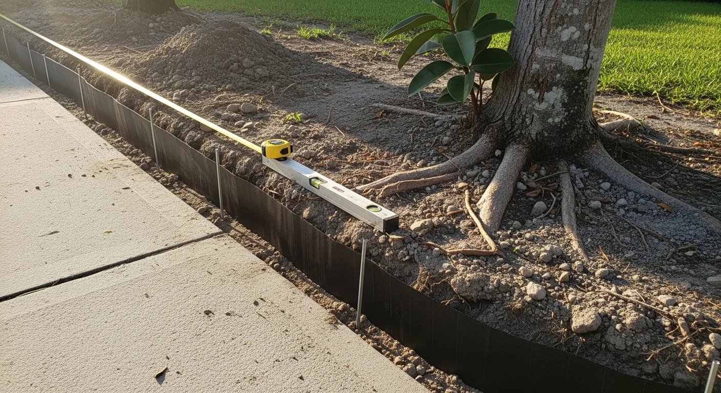 An arborist from Big Dawgs Tree installing a root barrier along a residential driveway in Miramar, Florida, with a mature ficus tree visible in the background. The trench runs parallel to the concrete edge to redirect root growth away from the hardscape.