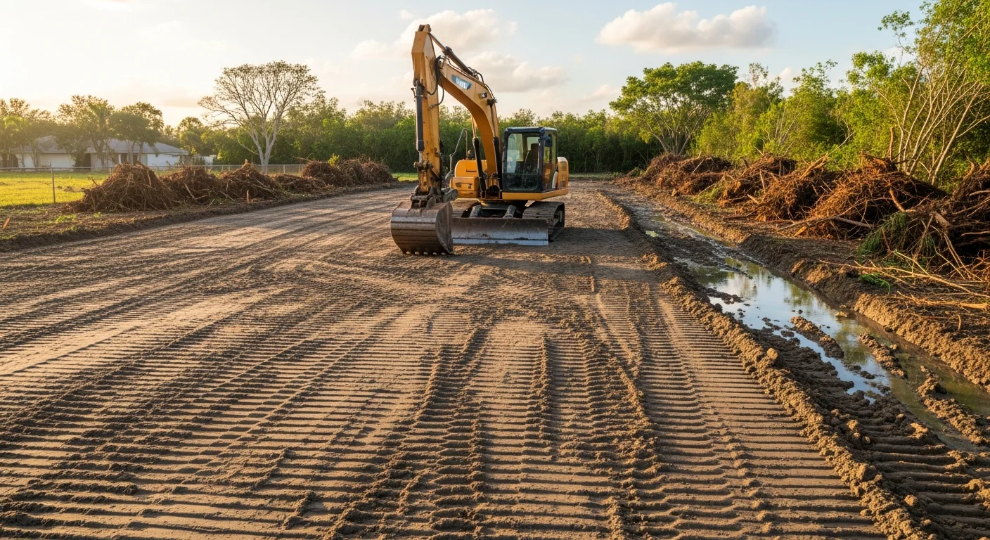 A Miramar residential lot after site preparation, showing cleared vegetation, graded soil, and a level surface ready for landscaping. Equipment tracks are visible across the compacted ground where stumps and brush have been removed.