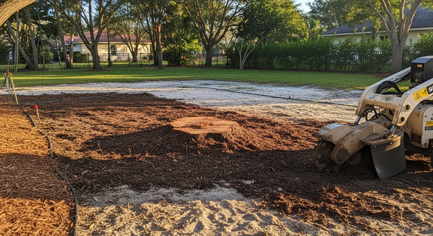 A freshly ground tree stump in a Miramar residential yard, with the area backfilled and surrounding lawn intact. Wood chips from the grinding process are visible near the work zone on a South Florida suburban lot.