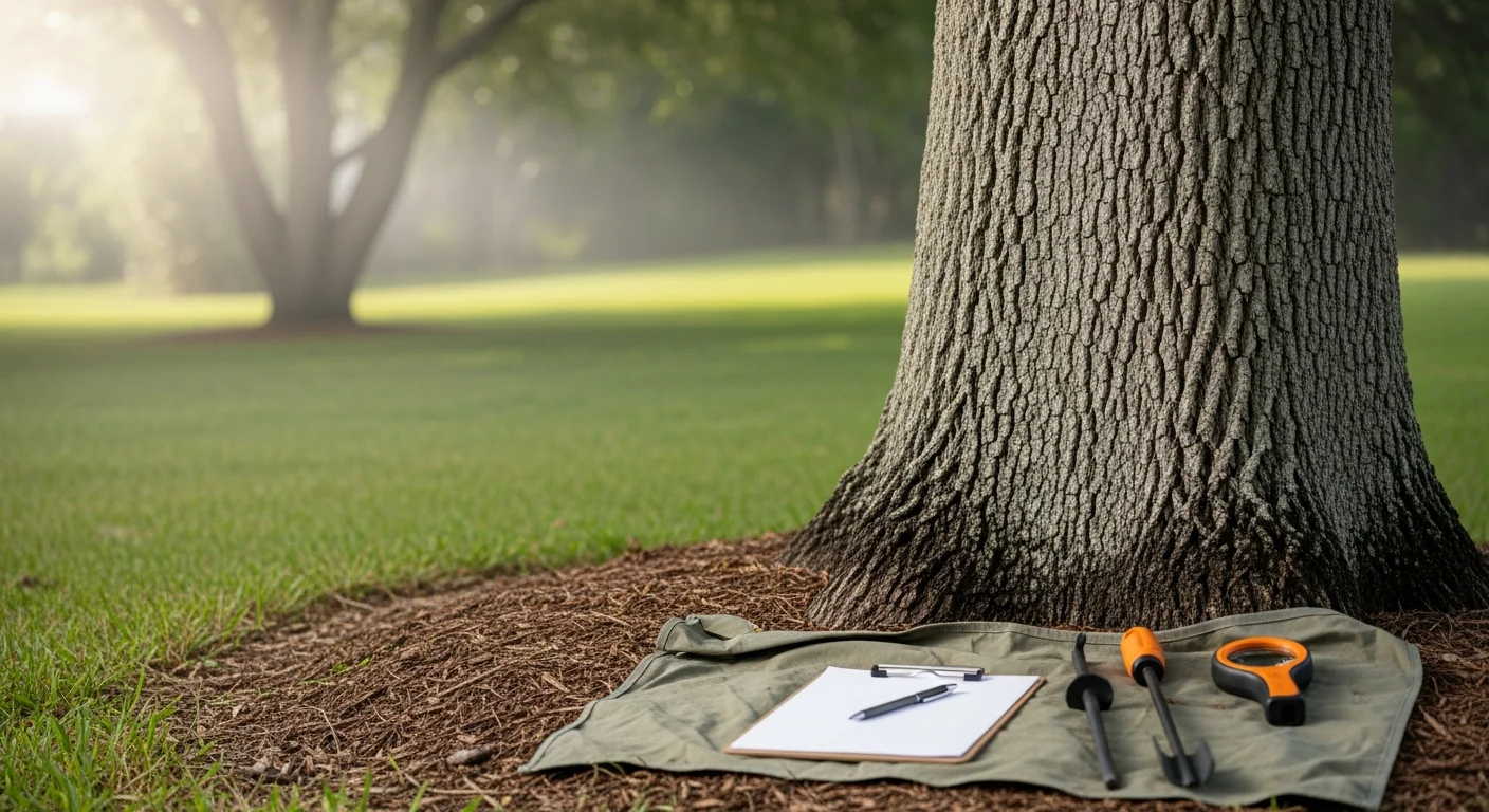 A Big Dawgs Tree arborist inspecting the trunk and root zone of a mature live oak on a residential property in Miramar, Florida. The arborist examines bark and soil conditions during a professional tree health assessment.