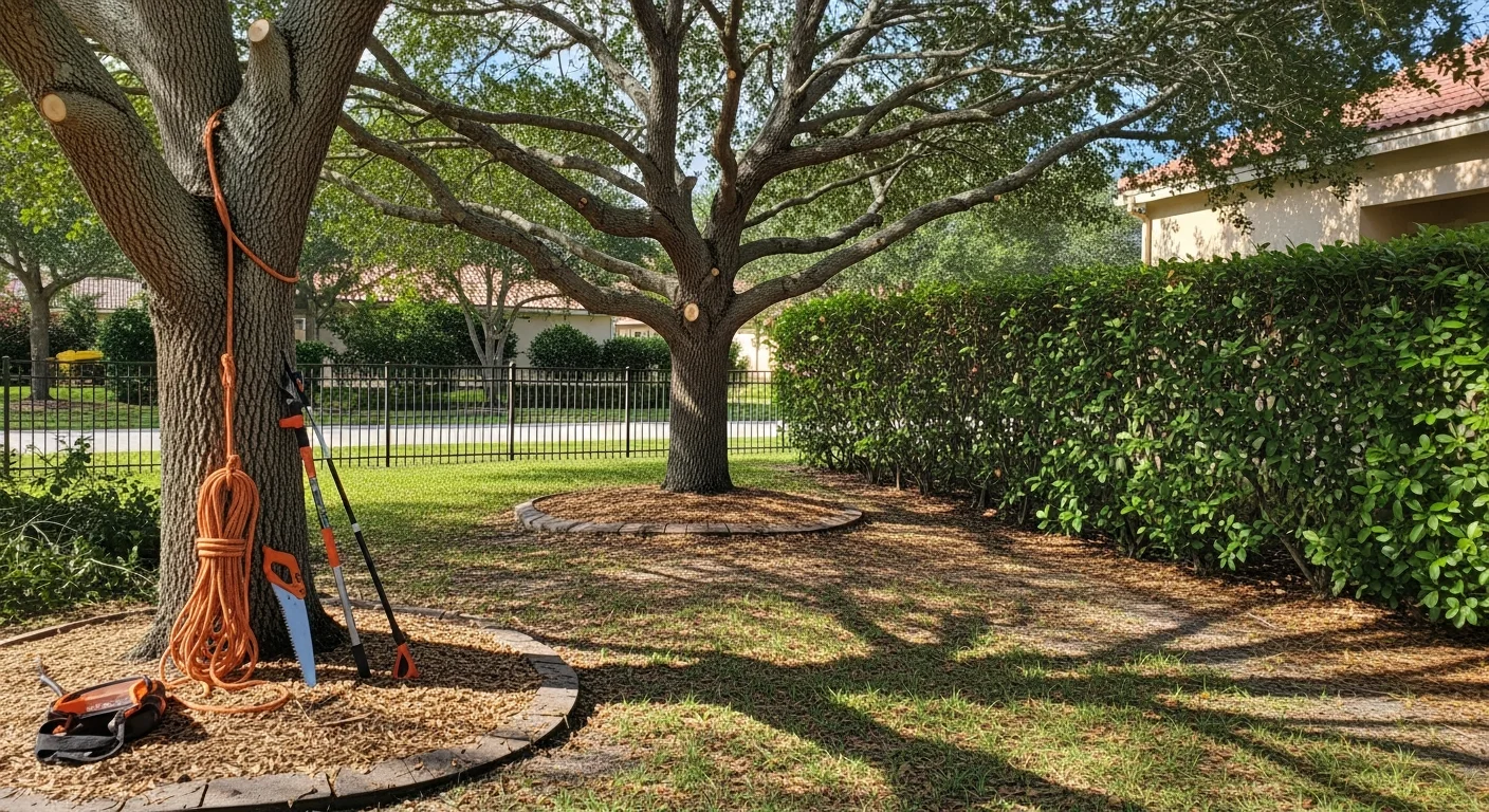 A Big Dawgs Tree crew member pruning the upper canopy of a mature live oak on a residential lot in Miramar, Florida. Trimmed branches are visible on the ground below, with a suburban home and clear sky in the background.