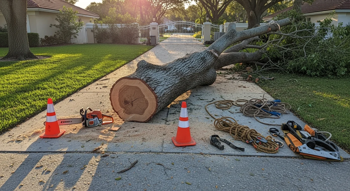 A large ficus tree being removed in sections from a residential backyard in Miramar, Florida, with a crew using rigging equipment to protect a nearby fence and pool deck. The cleared area shows exposed shallow roots typical of South Florida's limestone-based soil.