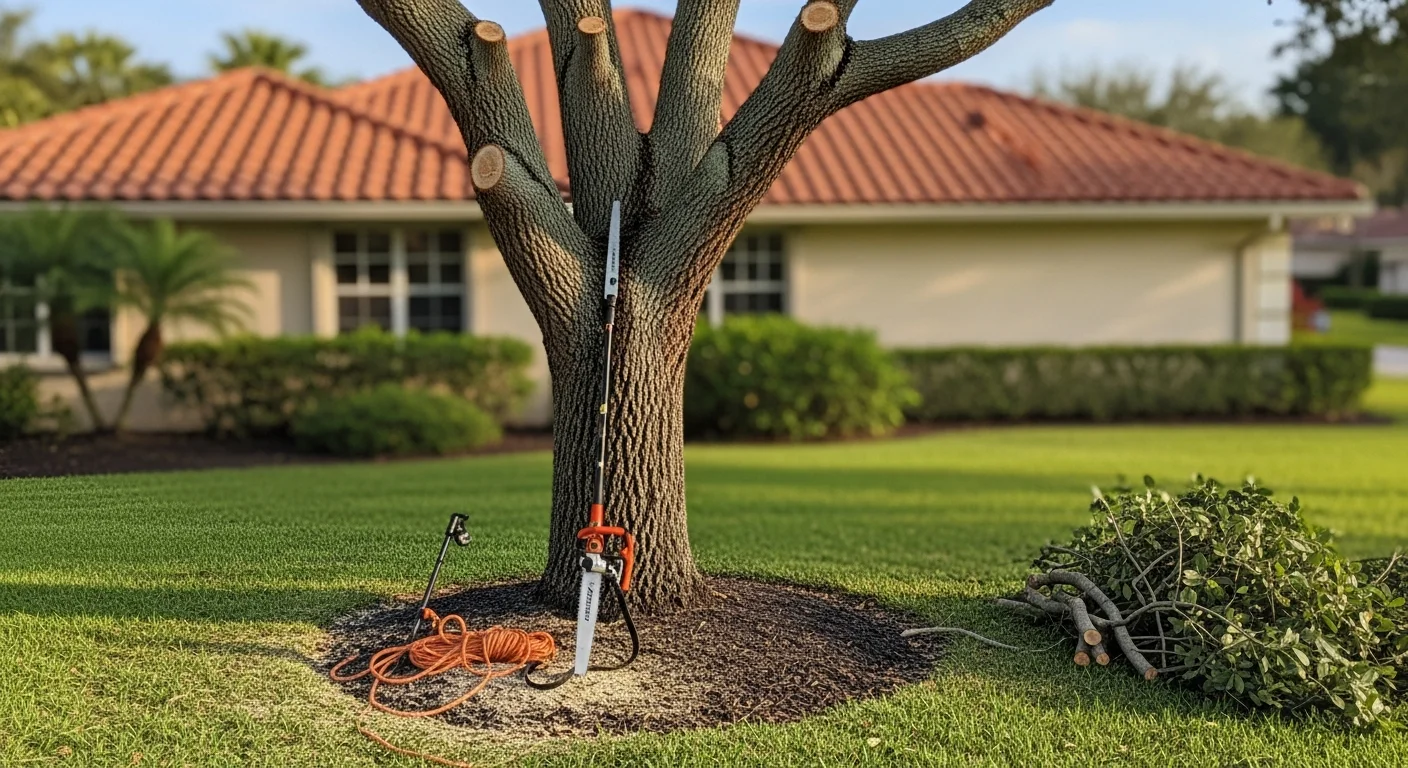 A tree trimming crew from Big Dawgs Tree trimming back an overgrown live oak canopy at a residential property in Miramar, Florida. Trimmed branches are cleared from the roofline with the suburban neighborhood visible in the background.