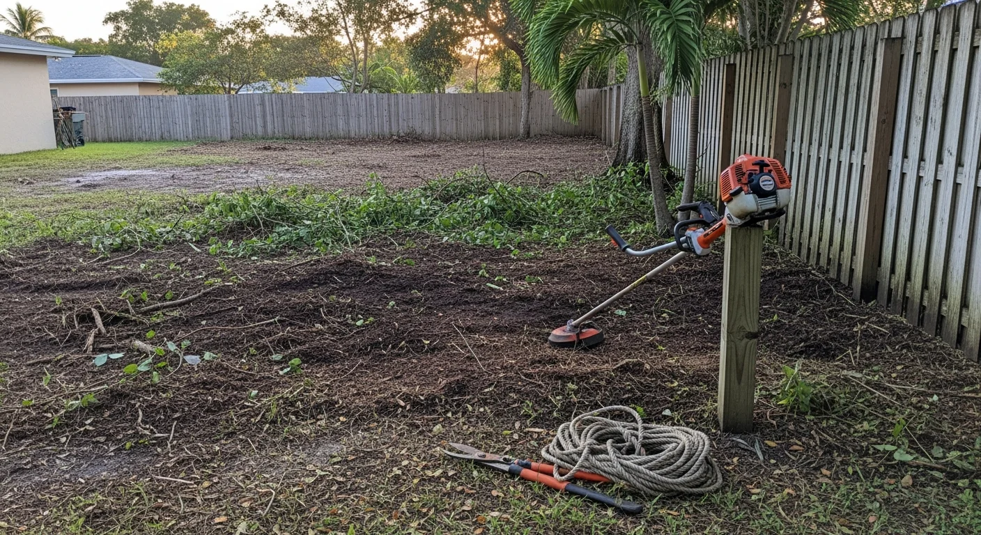 A cleared residential yard in Miramar, Florida after vegetation removal, showing bare open ground where dense overgrowth and invasive shrubs were removed along a fence line. A clean lawn edge and retention pond border are visible in the background.